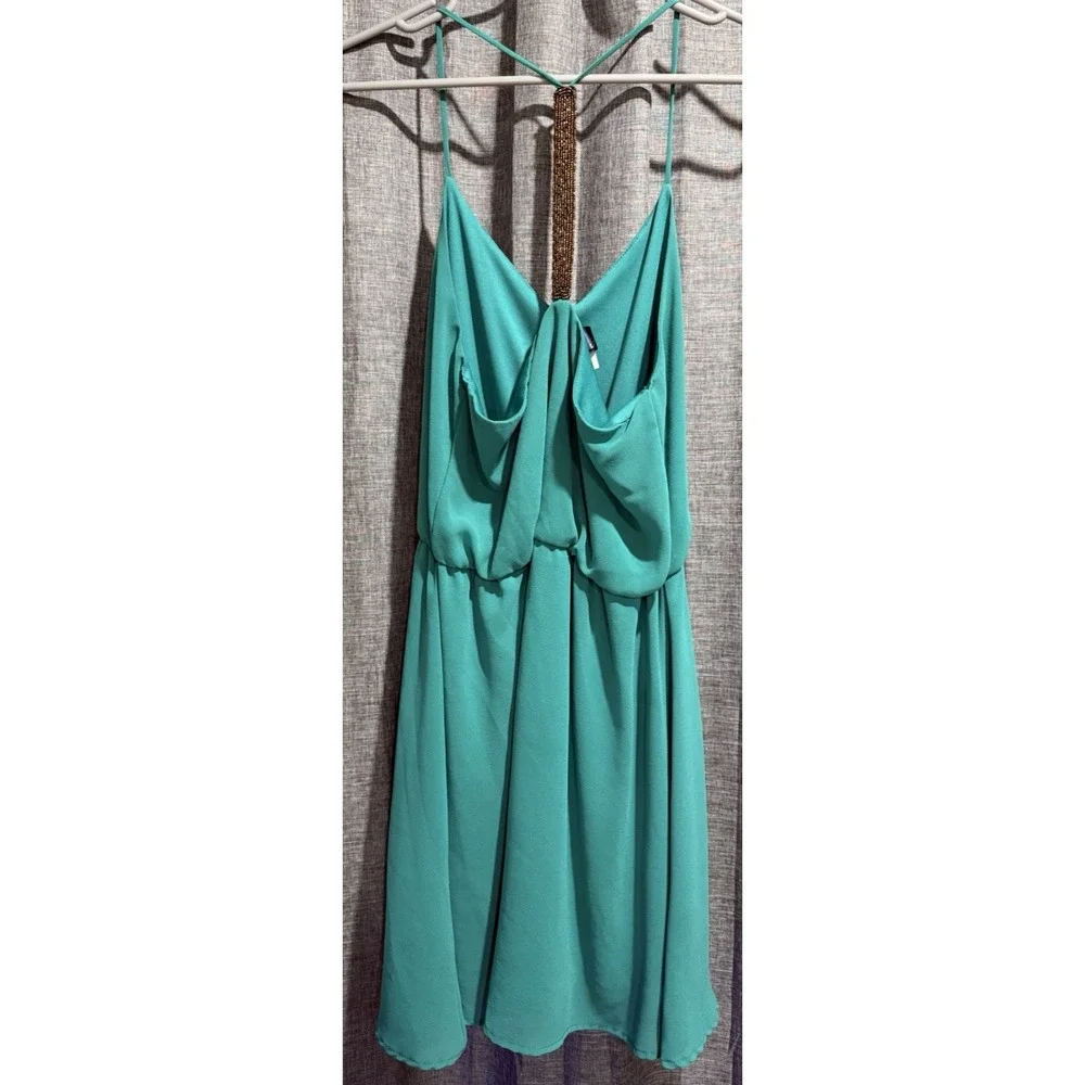 Blue Rain Women's‎ L Solid Teal Lined Dress Beaded Copper Back Strap Sleeveless